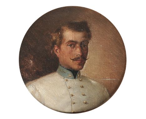 Portrait eines k. u. k. OffiziersBiedermeierUm 1865Öl auf Leinwand auf KartonDurchmesser 14 cm, mit Rahmen 20 cmOriginaler, v