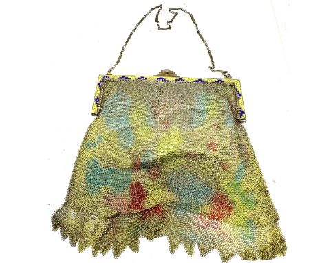 Art deco enamel gold gilt metal chainmail bag the bag measures approz 14cm drop by 12.5cm weight 114g
