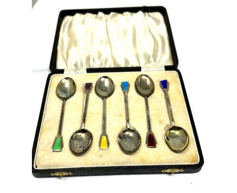 Antique boxed set of silver &amp; enamel tea spoons Birmingham silver hallmarks 