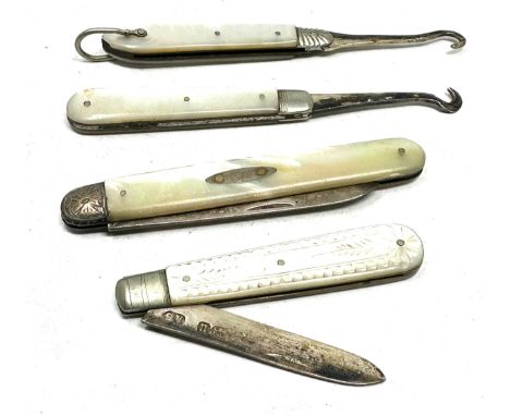 4 x .925 sterling &amp; mop button hooks &amp; fruit knives