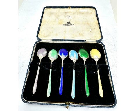 6 x .925 sterling guilloche enamel spoons cased enamel
