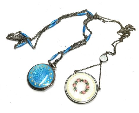 Two silver enamel locket pendant necklaces (32g)