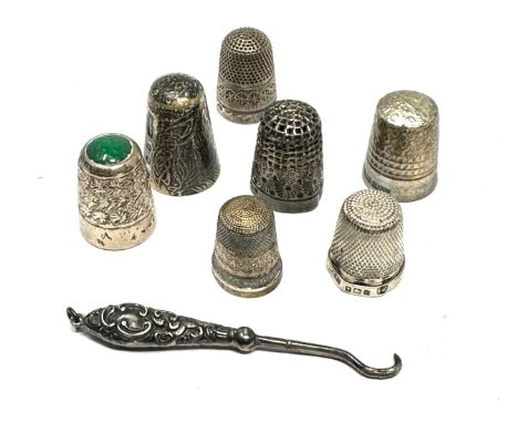 8 x .925 sterling haberdashery inc thimbles, charles horner, button hook