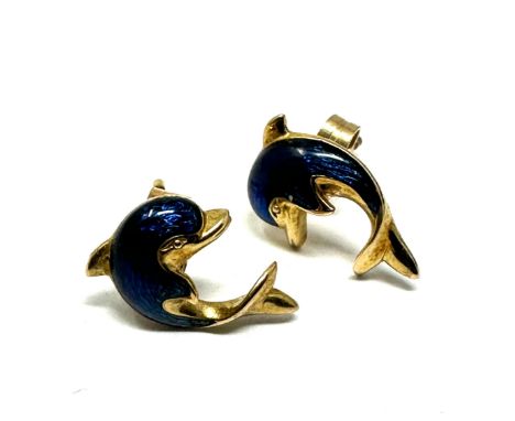 9ct gold blue enamel dolphin stud earrings (1.2g)