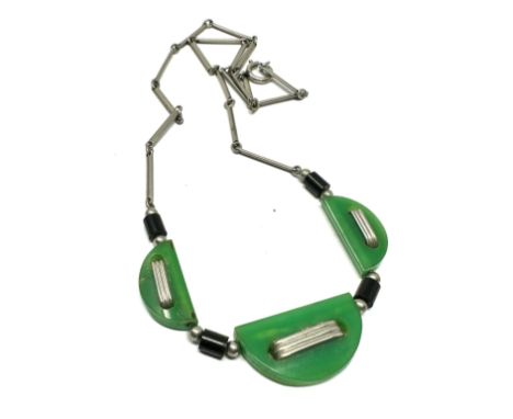 Art deco necklace Vintage light Green Bakelite &amp; chrome geometric style necklace 