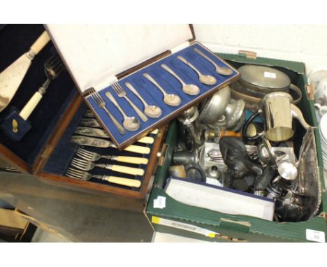A collection of cased and loose plated cutlery, a four-piece plated tea service and other metalware.