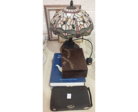 A brass jam pan, a Tiffany-style modern table lamp and other items.