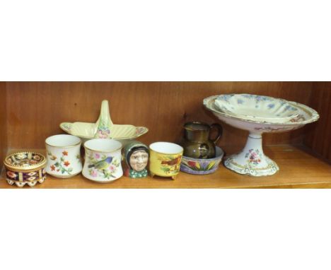Three Royal Worcester pots painted with birds, 7cm high and other ceramics.