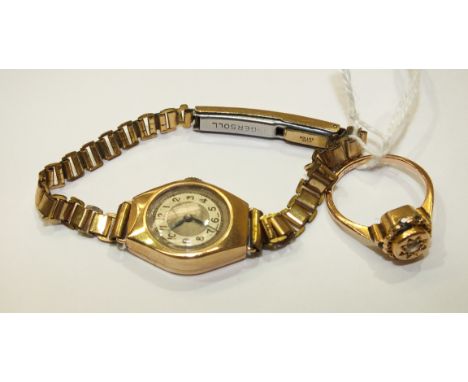 A diamond-set stud on later 9ct gold ring mount and a lady's 9ct gold-cased Buren wrist watch on plated bracelet, (2).