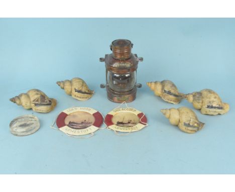 Five vintage shells painted with Lowestoft trawlers, an RNLI paperweight and two miniature life belts bearing photos of 'Lord