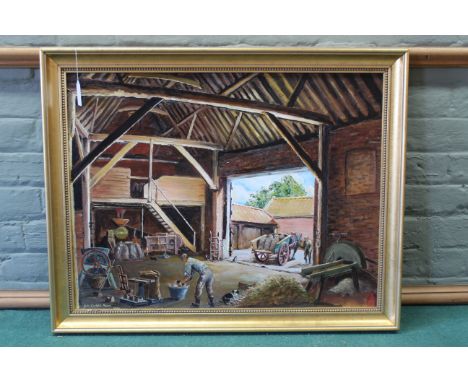 John Constable Reeve (1929-2020) a large oil on board of a farm barn interior, signed bottom right, 64cm x 49cm
