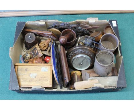 Mixed wooden wares including a barometer etc