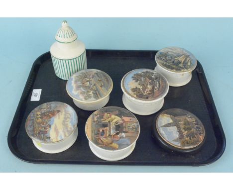 Six pot lids and a late 18th Century Leeds cream ware tea caddy (as found)