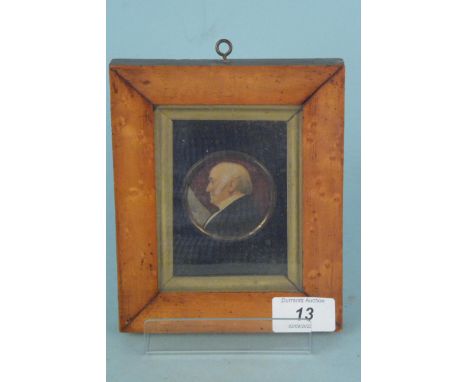 A mid 19th Century miniature watercolour portrait on card in the original maple frame inscribed on verso 'Grandfather Woodwar
