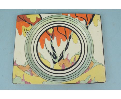 Clarice Cliff Bizarre Biarritz Honolulu pattern plate, 26.5cm x 21cm (small edge fault bottom left and mild wear to paint)