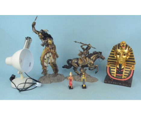 A large resin 2004 Leonardo Collection native American figure together with one other on horseback, an Egyptian figure, angle