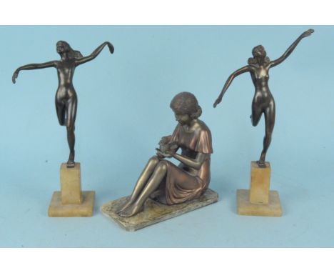 A pair of Art Nouveau style spelter figures on marble style bases, 27cm tall plus a 'Past Times' Art Nouveau style figure