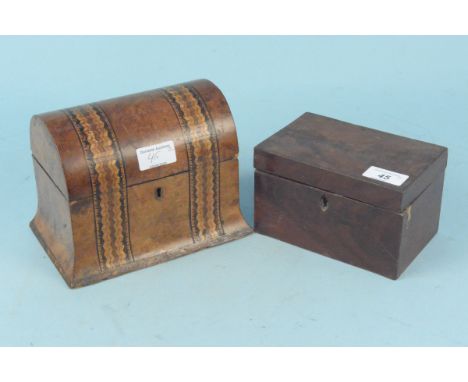 A mid Victorian burr walnut and inlaid dome topped tea caddy plus a small 19th Century mahogany tea caddy