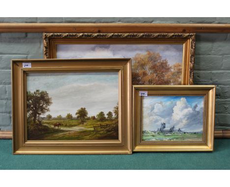 Three mixed oils on board, S J Newsome of a rural farm scene with horses and cards, 59cm x 44cm, unsigned country scene, 42cm