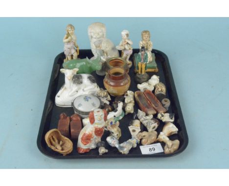 Miniature ceramic figures including German figures (condition varies), Staffordshire, animals, Royal Doulton etc (damage to s