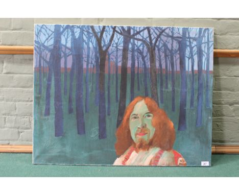 An unframed oil portrait of a 1960's head and shoulder of a gentleman wearing a kaftan with long red hair and a beard within 