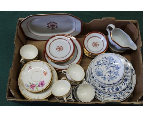 A box containing two part tea services and twenty nine pieces of Spode Red Newbury part tea wares