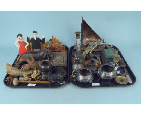 Assorted items including carved wooden trawlers, carved wooden animals, inlaid box, copper raft, a small set of copper saucep