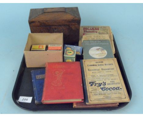 An antique rosewood two section tea caddy together with a selection of vintage small cookery books etc