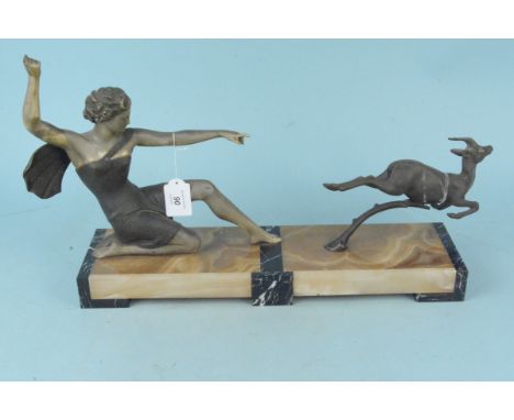 An Art Deco figure group Diana the Huntress, spelter figure on marble base, this marked 'Uriano', probably Ugo Cipriani Franc