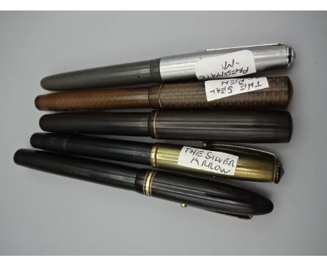 5 fountain pens with 14ct Gold nibs, Burnham 55, Silver Arrow, Seal pen, Mentmore Diploma and Pressmatic M