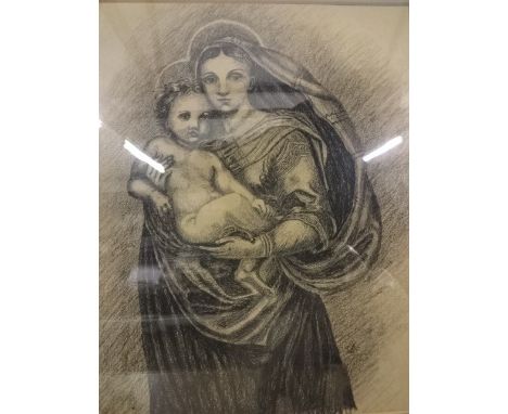 QH signed charcoal sketch of lady and child (60 x 65)cm