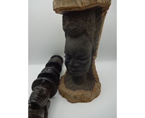 Carved wooden African face sculpture plus African candlestick / ornament