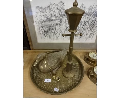 4 brass items to include tray, duck figure / doorstop, lamp post and pipe