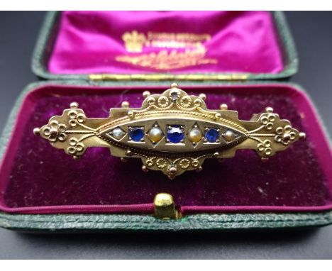 A Seed Pearl and Saphire Brooch - Chester 9 ct Gold (3g) in box 