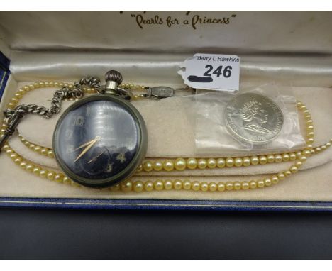 'Pearl' and silver necklace, pocket watch and one dollar coin