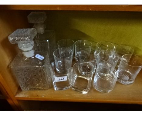 Quantity of alcohol related drinking glasses , Jack Daniels, Bells etc plus 2 glass decanters. Also includes pencil sketch by