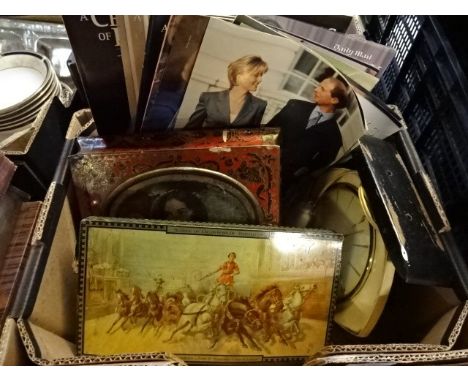 Box of vintage tins, mantle clock and royal family magazines