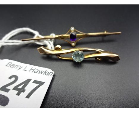 2 Brooches - one Amethyst and Pearl 9 ct Gold, the other Aquamarine 9 ct Gold 