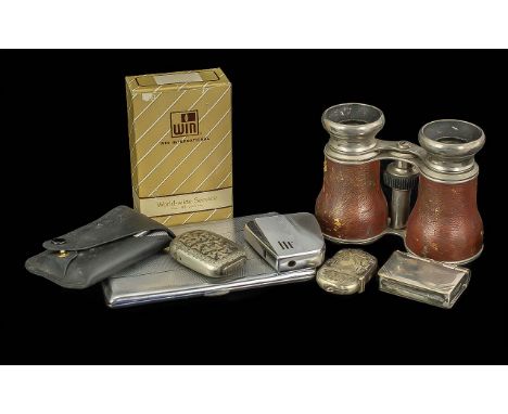 Box of Collectible Items, to include a pair of opera glasses, an engine turned cigarette case, three match strikers, boxed Wi