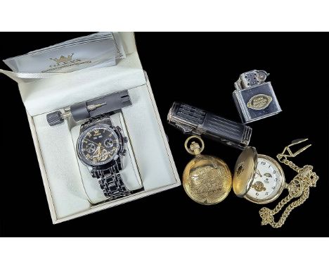 Small Bag of Collectibles, to include a boxed Olevs mechanical wristwatch, black dial, subsidiary dials, Roman numerals, in w