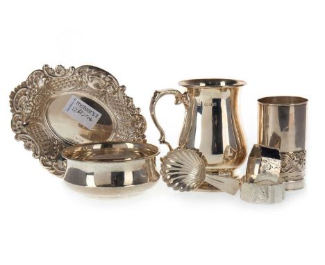 GROUP OF ELIZABETH II SILVER ITEMS, VARIOUS ASSAYS AND MAKERS comprising a tankard, pin dish, pair of napkin rings, bowl, she