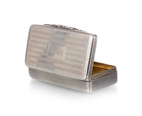 WILLIAM IV SILVER SNUFF BOX, TS, BIRMINGHAM 1832 of oblong form, engine turned exterior, the hinged cover with central inscri