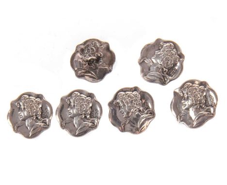 SET OF SIX ART NOUVEAU SILVER BUTTONS, WILLIAM VALE & SONS, BIRMINGHAM 1902 each of shaped form, embossed with a female bust 