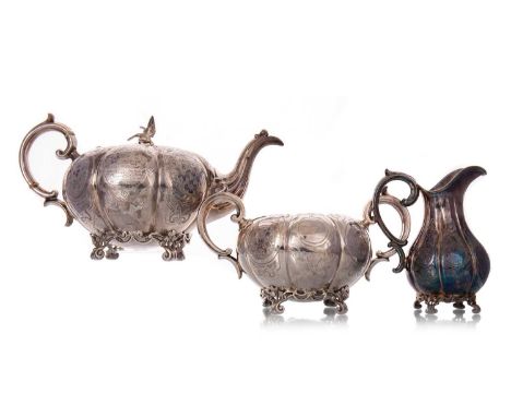 VICTORIAN SILVER THREE PIECE TEA SERVICE, JOHN HARRISON & CO, SHEFFIELD 1860  the teapot of melon form with cast bird finial 