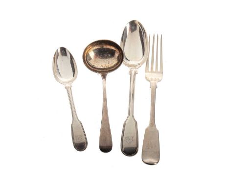 COLLECTION OF SILVER FLATWARE, GEORGE III AND LATER comprising eight table forks, twelve table spoons, four dessert forks, th