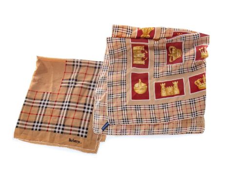 BURBERRY SILK SCARF, AND ANOTHER the larger decroated with motifs of crowns and castles, the smaller in the typical Burberry 