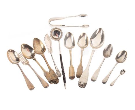 COLLECTION OF SILVER FLATWARE, VARIOUS ASSAYS AND DATES including a Georgian Scottish silver tablespoon, pair of tongs, toddy
