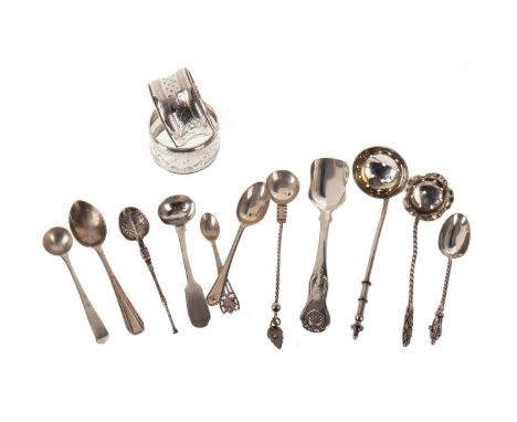 PAIR OF SILVER NAPKIN RINGS, ALONG WITH VARIOUS SILVER SPOONS the napkin rings of waisted form, the spoons including tea spoo