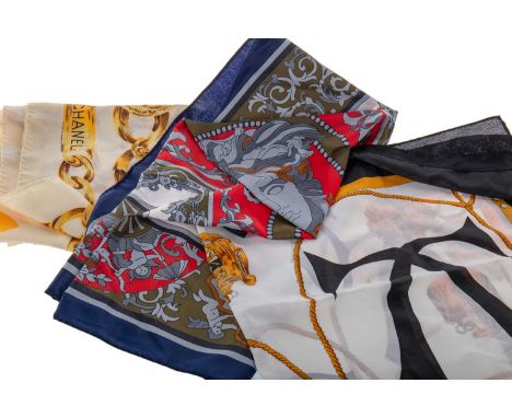 CHANEL, SILK SCARF, ALONG WITH TWO FURTHER SILK SCARVES decorated with chains, some links marked CHANEL 31 RUE CAMBON PARIS, 