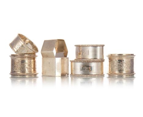 COMPOSITE SET OF SEVEN SILVER NAPKIN RINGS, VARIOUS MAKERS AND ASSAYS engine turned and engraved decorates approx 165g gross 